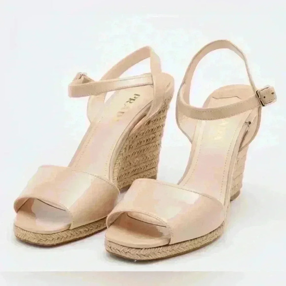 Prada Beige Patent Leather Espadrille Platform Wedge Ankle Strap Sandals - Picture 1 of 12